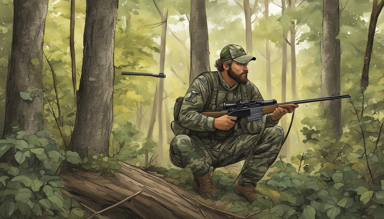 A hunter in camouflage gear setting up a tree stand in the Arkansas woods, surrounded by dense foliage and wildlife