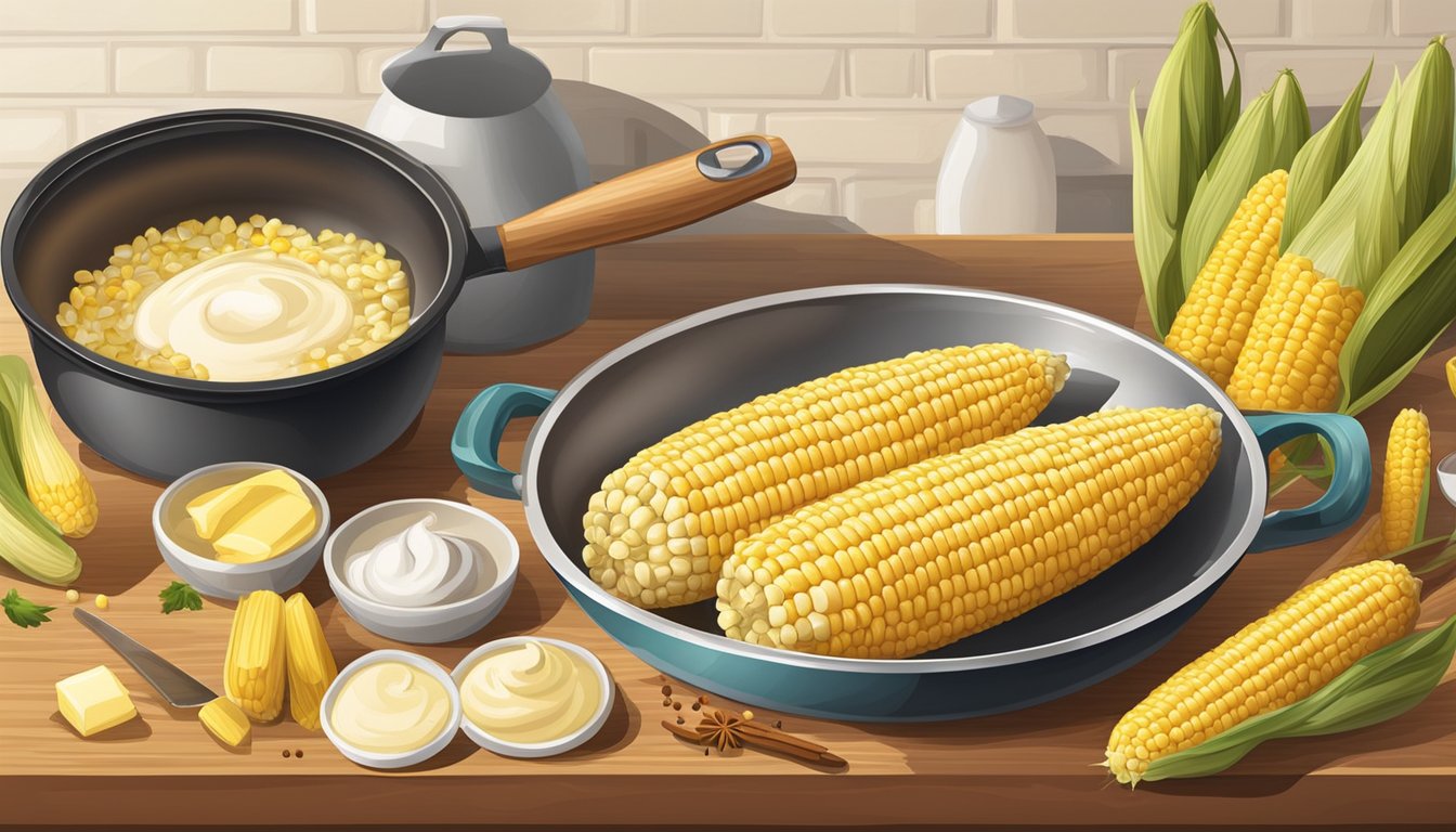 A pot of boiling corn, a cutting board with fresh corn, a knife, a bowl of cream, and a skillet with butter and spices