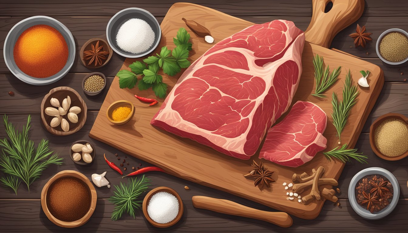 A rustic kitchen with a large wooden cutting board, a variety of spices, and a raw beef tail ready for preparation