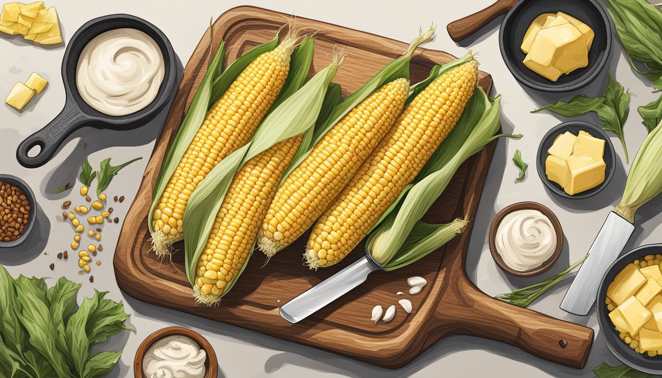 A wooden cutting board with fresh corn, butter, cream, and spices laid out next to a sharp knife and a cast iron skillet