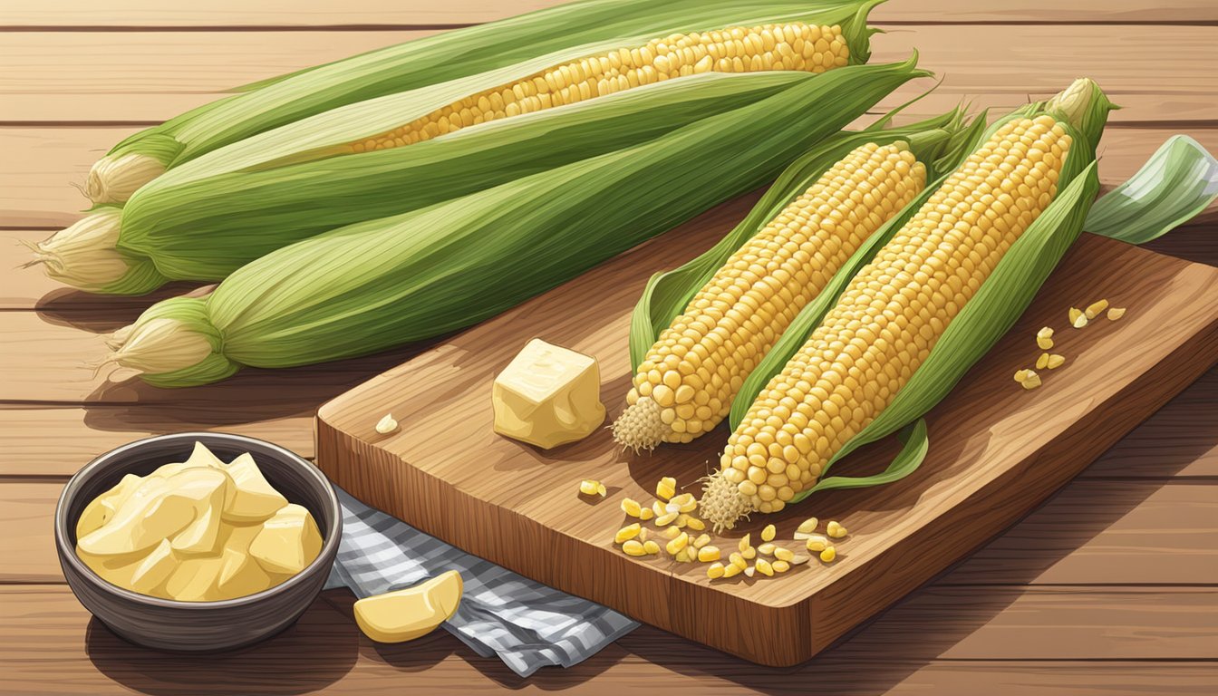 Fresh corn cobs, butter, cream, and seasonings arranged on a wooden cutting board. A pot simmers on a stove in the background