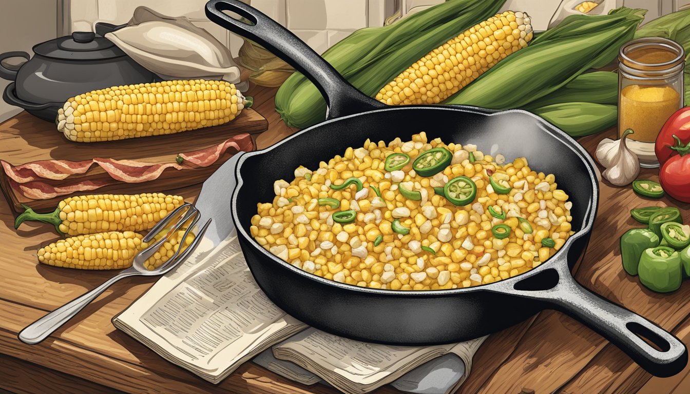 A rustic kitchen with a cast iron skillet cooking creamed corn with bacon, jalapenos, and spices, surrounded by fresh corn cobs and a vintage cookbook