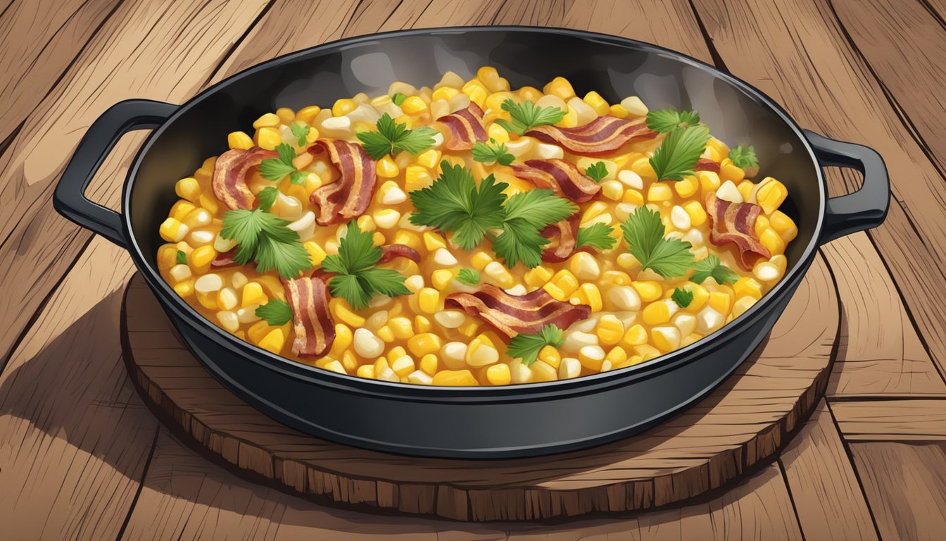 A skillet of creamy corn with bacon and spices, garnished with fresh herbs and served on a rustic wooden table