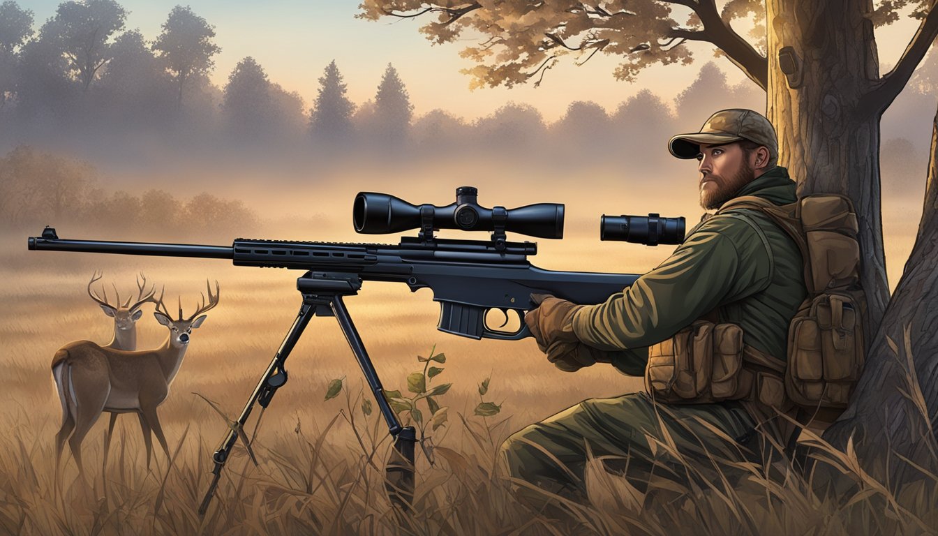 A hunter in a tree stand, rifle aimed at a deer grazing in an open field at dawn