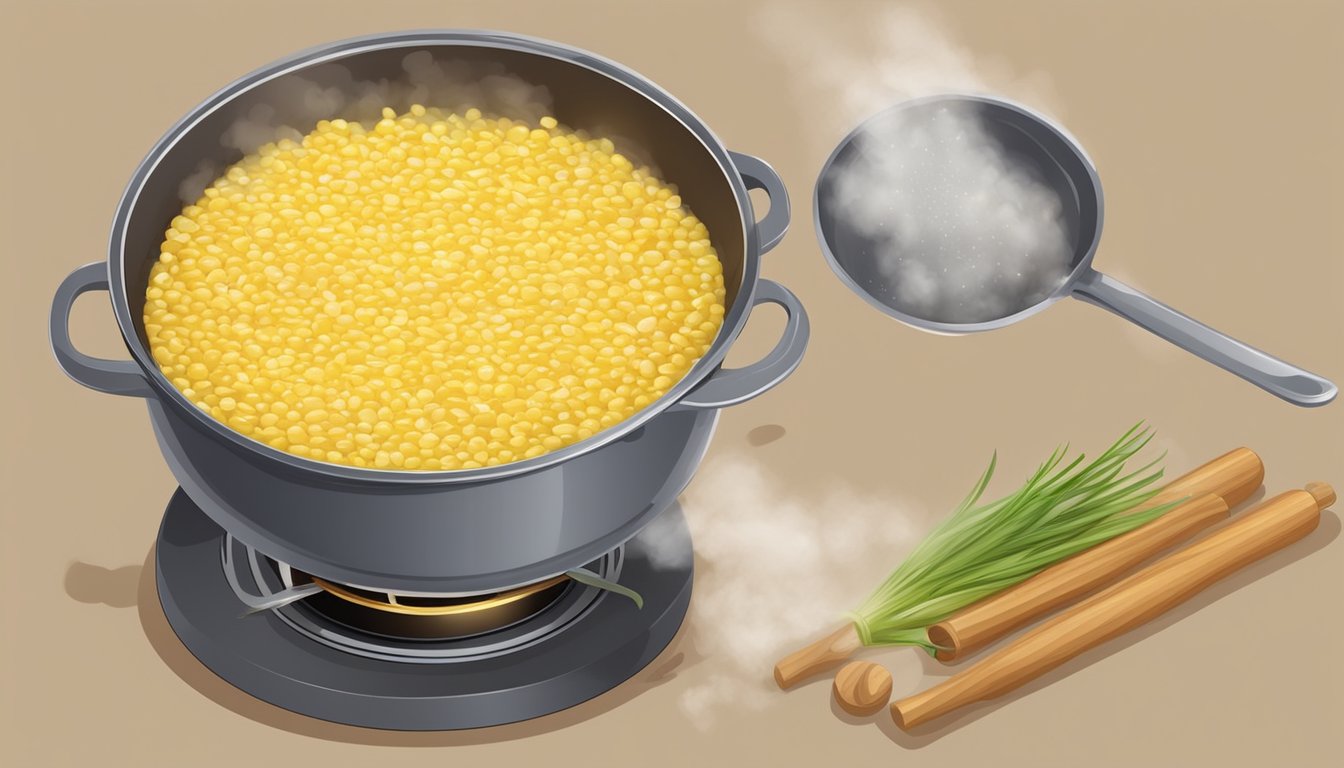 A pot of creamed corn simmers on a stove, seasoned with spices and herbs. A wooden spoon stirs the mixture, steam rising from the pot