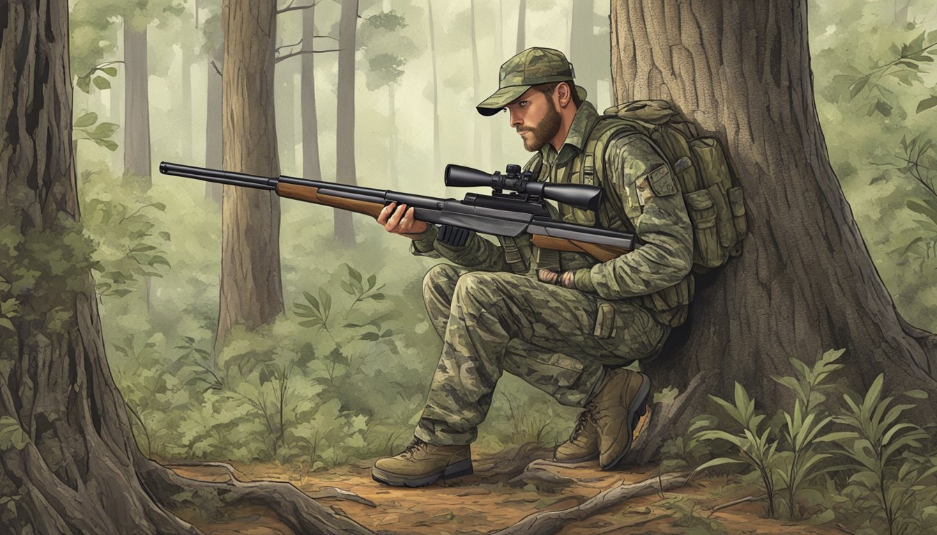 A hunter in camouflage gear stands beside a tree, checking their rifle before heading into the dense Alabama forest