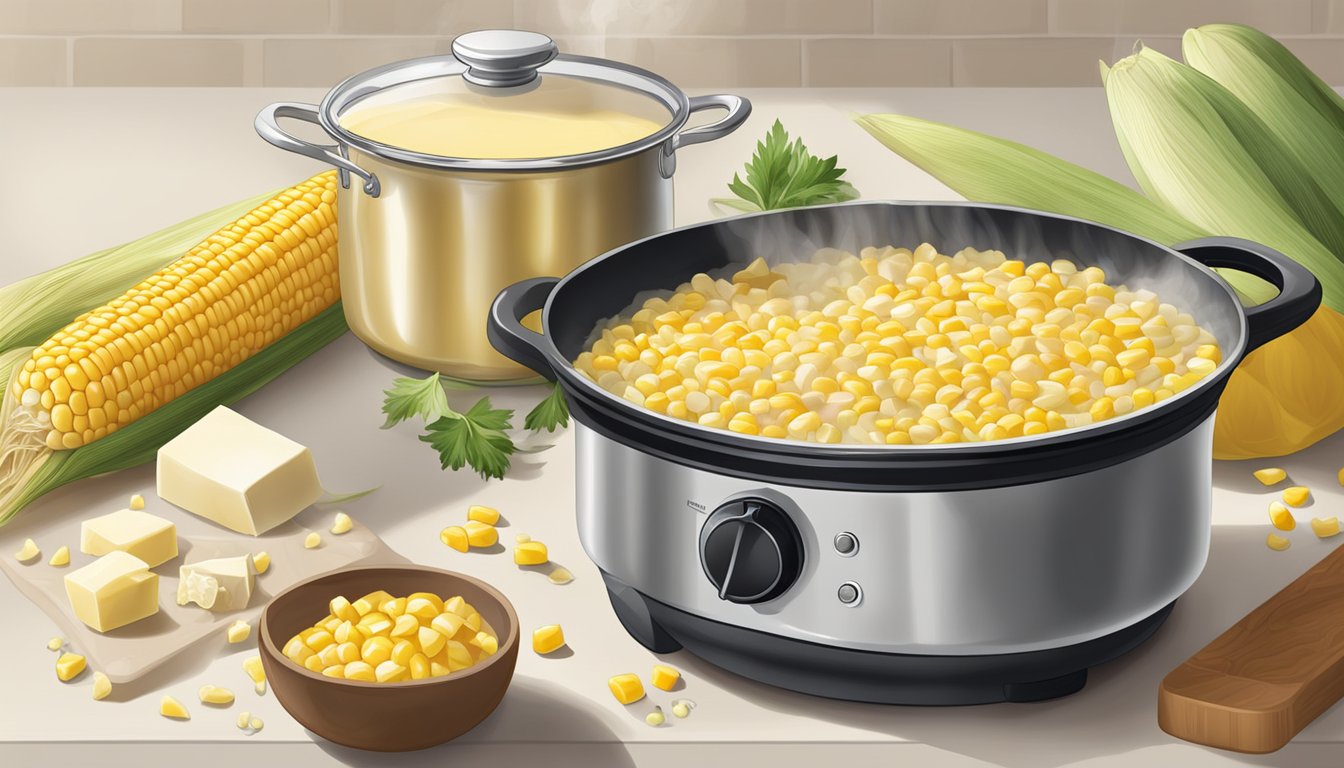 A pot of creamy corn simmering on a stovetop, with ingredients like butter, corn, cream, and seasonings arranged nearby