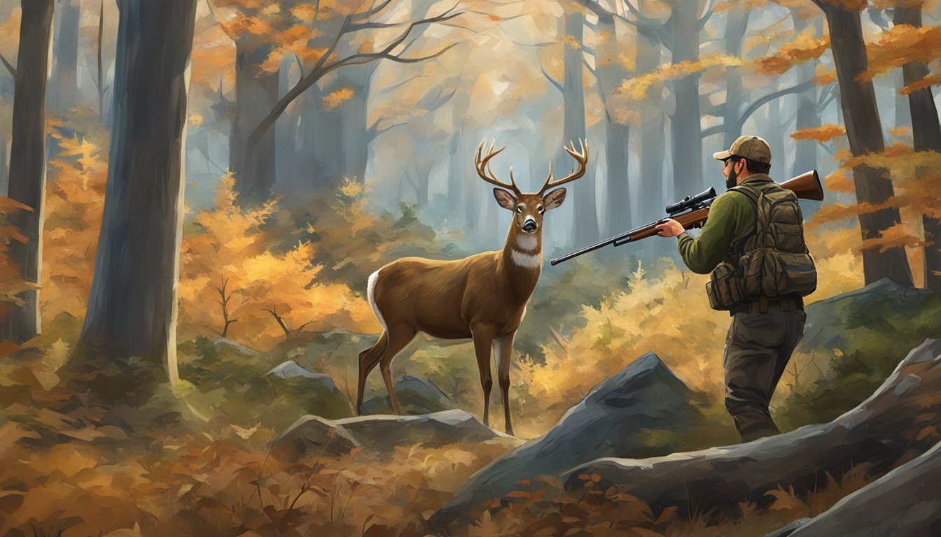 A hunter in a forest, aiming a rifle at a deer in Connecticut's designated Deer Management Zone. The landscape is filled with trees and foliage