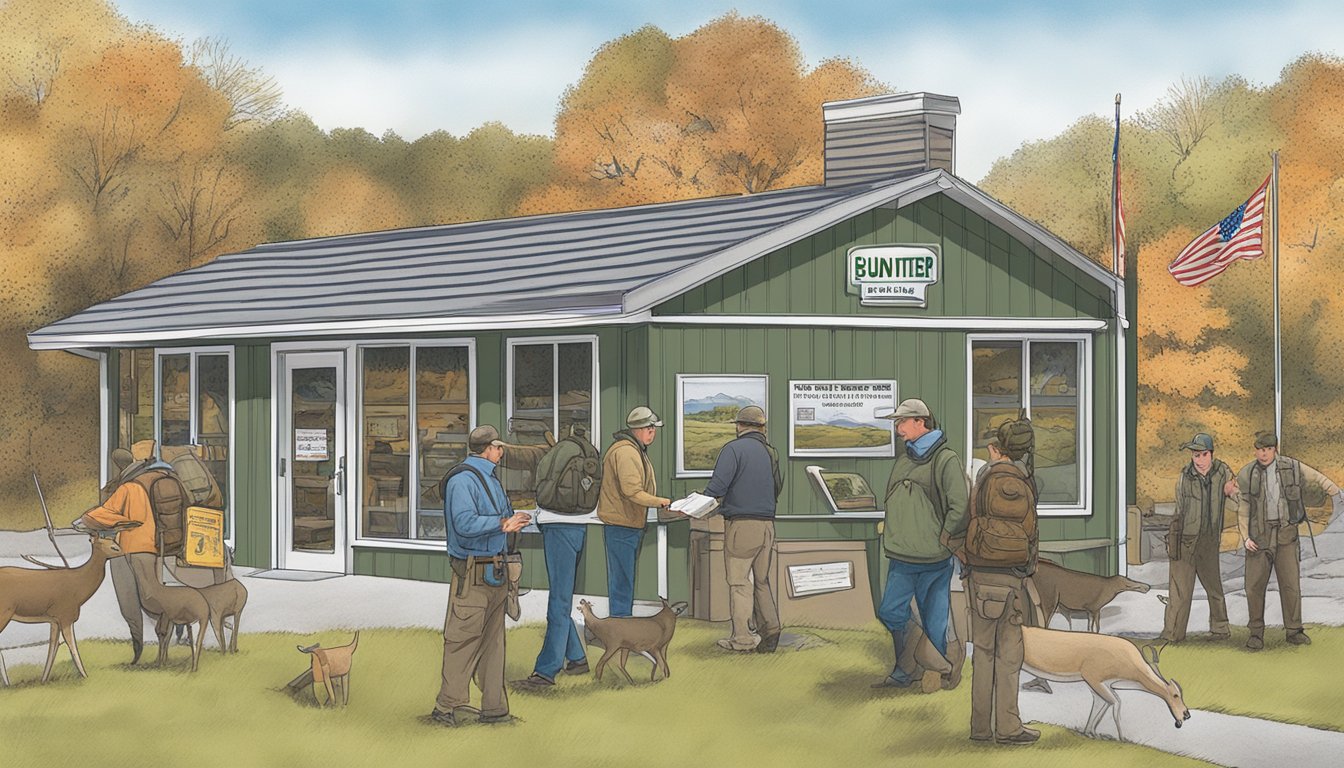 A hunter purchasing a deer hunting license and permits at a Connecticut wildlife office