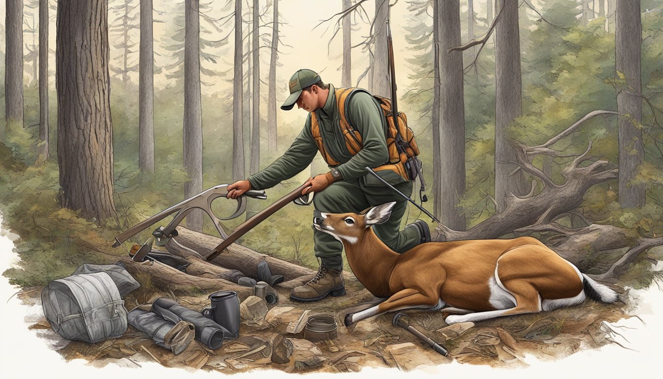 A hunter in Alabama cleans a deer carcass, surrounded by hunting gear and the forest landscape