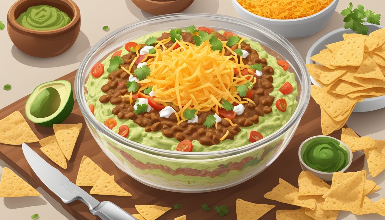 A large glass bowl filled with layers of refried beans, sour cream, guacamole, salsa, and shredded cheese, surrounded by tortilla chips and various utensils