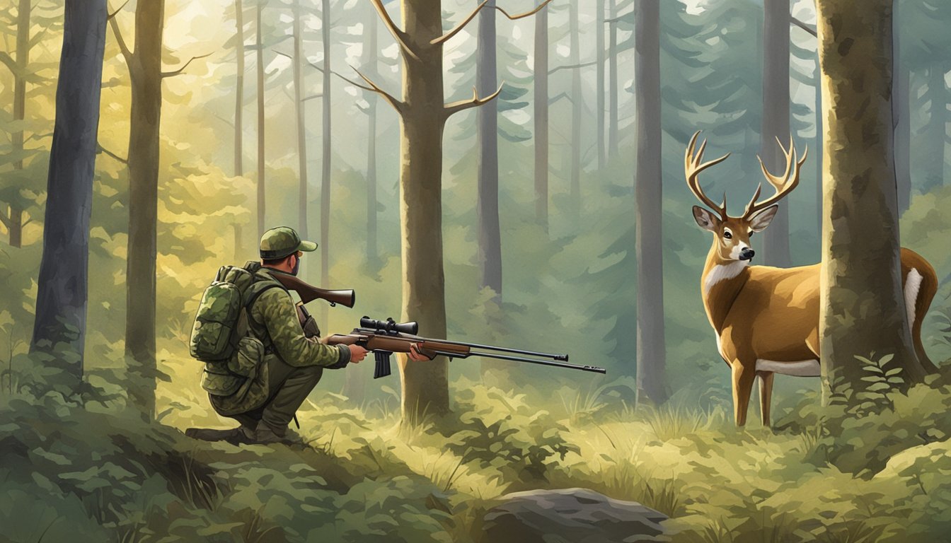 A hunter in camouflage aims a rifle at a grazing deer in a Connecticut forest