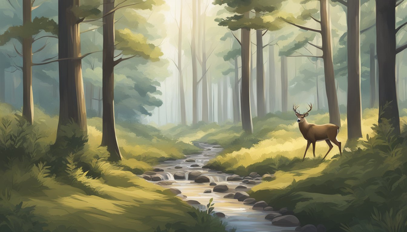 A dense forest with tall trees and brush, a clear stream running through, and deer tracks visible in the soft earth