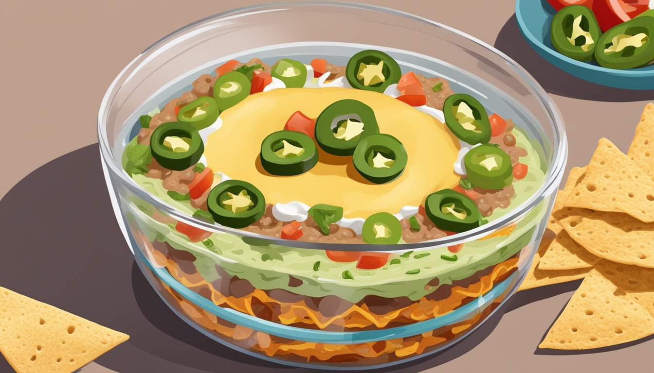 A large glass dish filled with layers of refried beans, guacamole, sour cream, salsa, and shredded cheese, topped with sliced jalapenos and served with tortilla chips