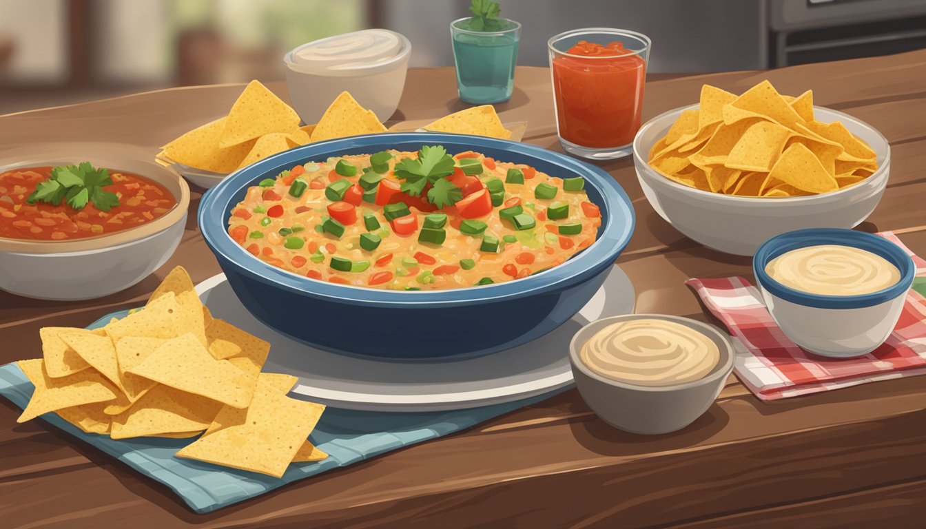 A glass dish of layered bean dip sits on a wooden table, surrounded by tortilla chips and a bowl of salsa. A microwave sits in the background