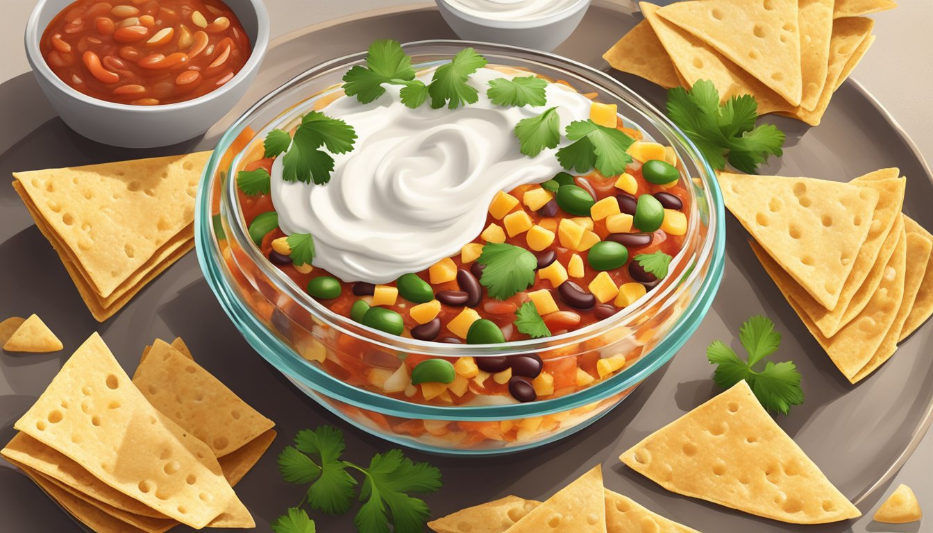 A colorful spread of layered beans, cheese, salsa, and sour cream in a clear glass dish, surrounded by tortilla chips and fresh cilantro