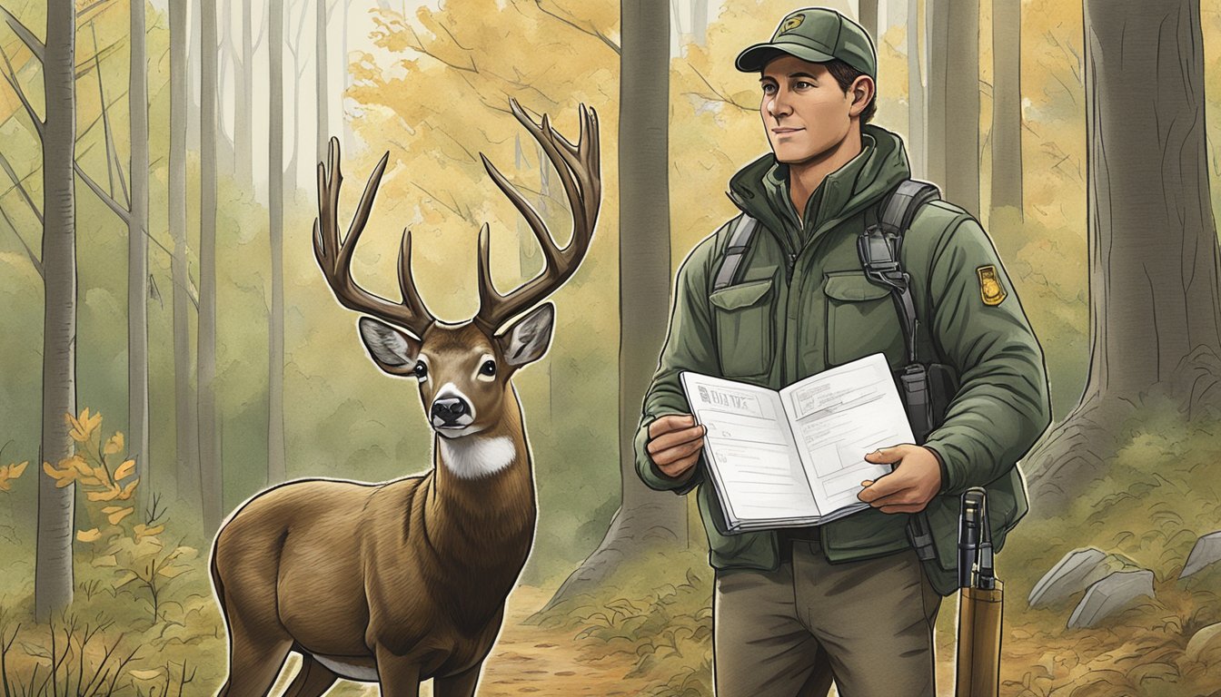 A hunter proudly displays a trophy deer next to a logbook, pen, and hunting license in a Connecticut forest clearing