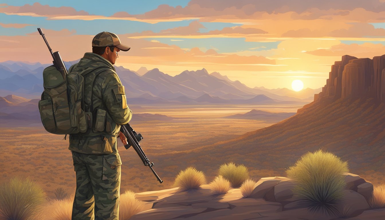 A hunter in camouflage gear stands with a rifle in hand, scanning the vast Arizona desert landscape for signs of deer. The sun sets behind distant mountains, casting long shadows over the rugged terrain