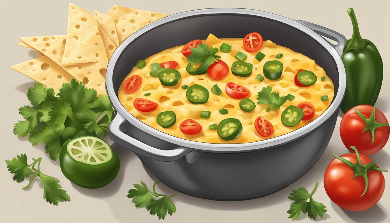 A bubbling pot of melted cheese, diced tomatoes, jalapenos, and spices, surrounded by tortilla chips and fresh cilantro