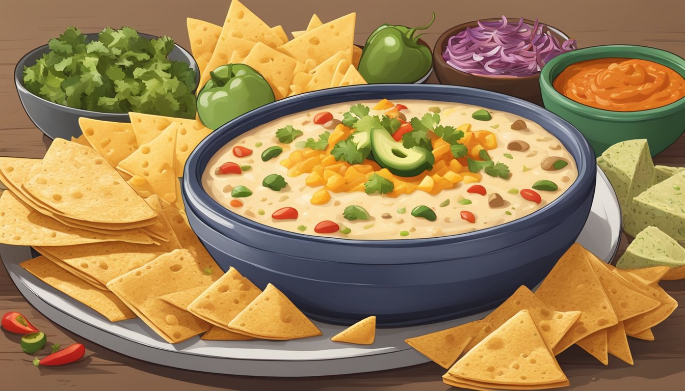 A bubbling pot of tex mex cheese dip, surrounded by bowls of various cheeses and spices, with a colorful array of tortilla chips and vegetables for dipping