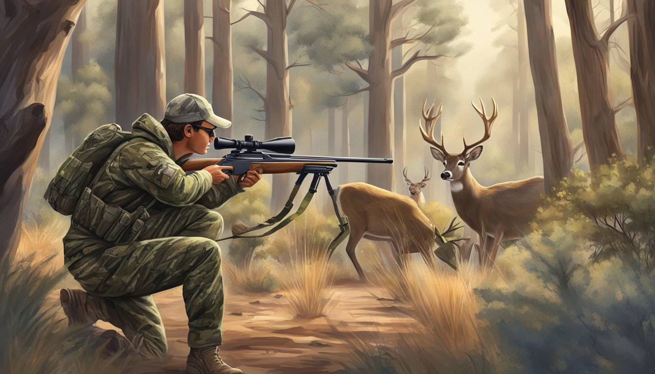 A hunter in camouflage aiming at a deer in the Arizona wilderness, surrounded by trees and wildlife