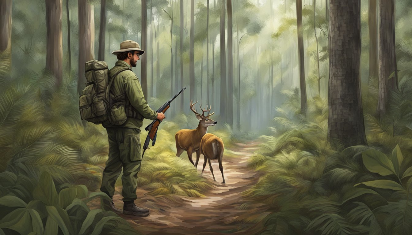 A hunter in Florida's forest, following the state's regulatory framework for deer hunting