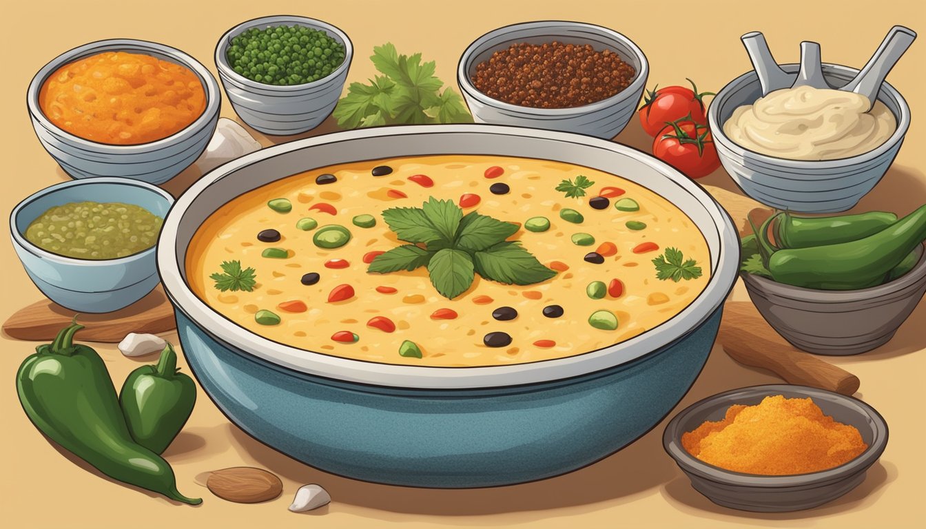 A bubbling pot of cheese dip surrounded by bowls of colorful spices and add-ins like jalapenos, cilantro, and tomatoes