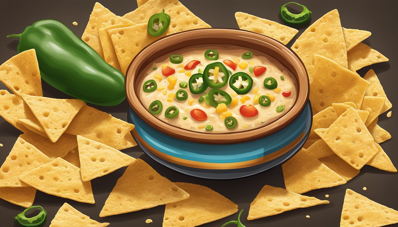 A colorful spread of tortilla chips, salsa, and a bubbling pot of Tex-Mex inspired cheese dip, garnished with jalapenos and cilantro