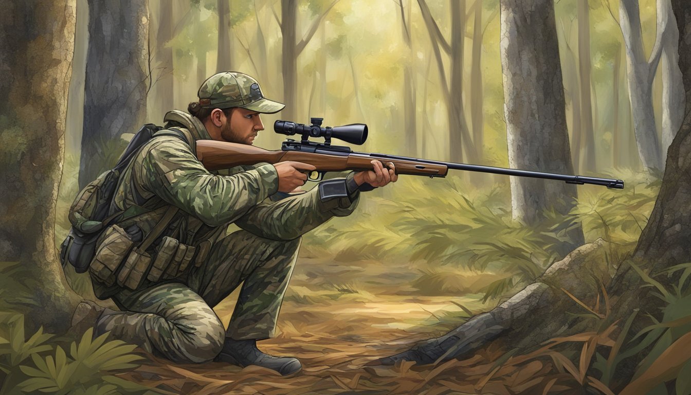 A hunter in camouflage gear crouches behind a tree, aiming a rifle at a deer in a Florida forest