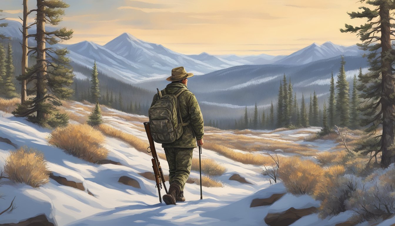 A lone hunter in a camouflage jacket and hat quietly stalks through the rugged Colorado wilderness, rifle in hand, scanning the horizon for signs of deer