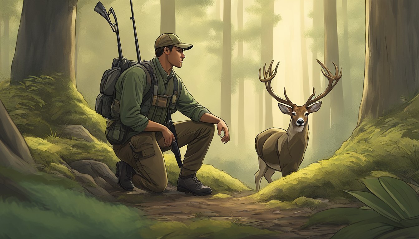 A hunter kneeling in a forest, bow in hand, observing a deer from a distance. The surrounding environment is lush and serene, with a focus on the ethical and conservation aspects of hunting