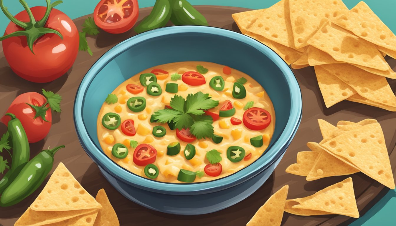 A colorful Tex-Mex cheese dip topped with diced tomatoes, jalapeños, and cilantro, served in a festive bowl with tortilla chips on the side