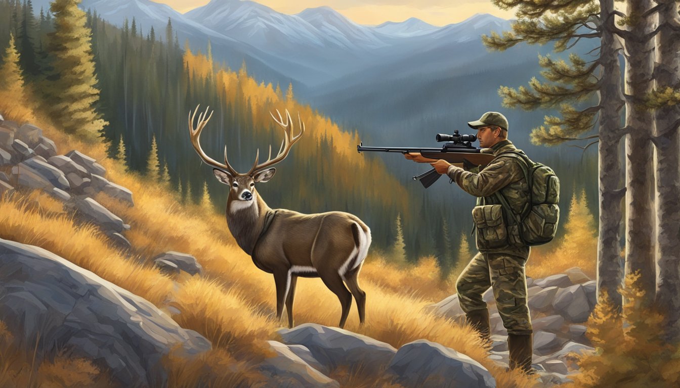 A hunter in camouflage aims a rifle at a majestic deer in the Colorado wilderness