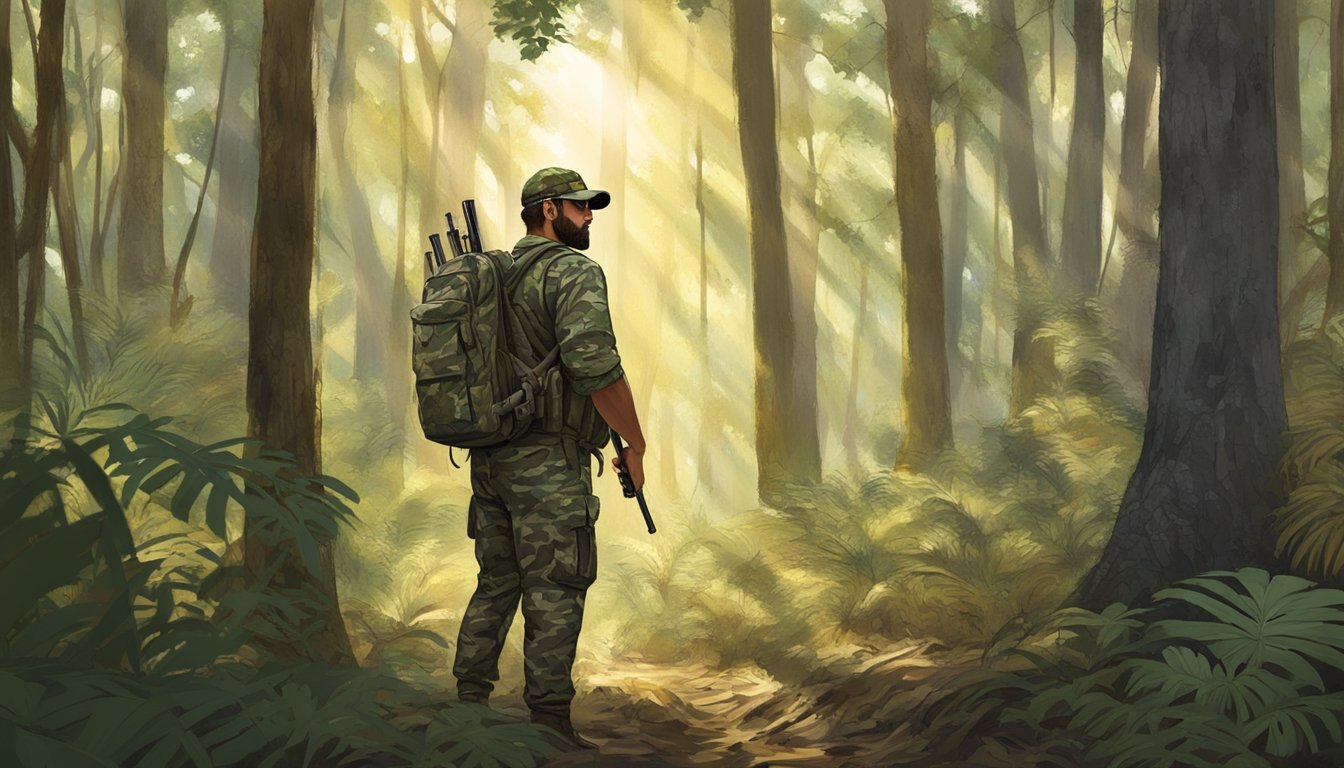 A hunter in camouflage gear stands in a dense Florida forest, surveying the area for potential deer hunting spots. The sun filters through the trees, casting dappled shadows on the forest floor