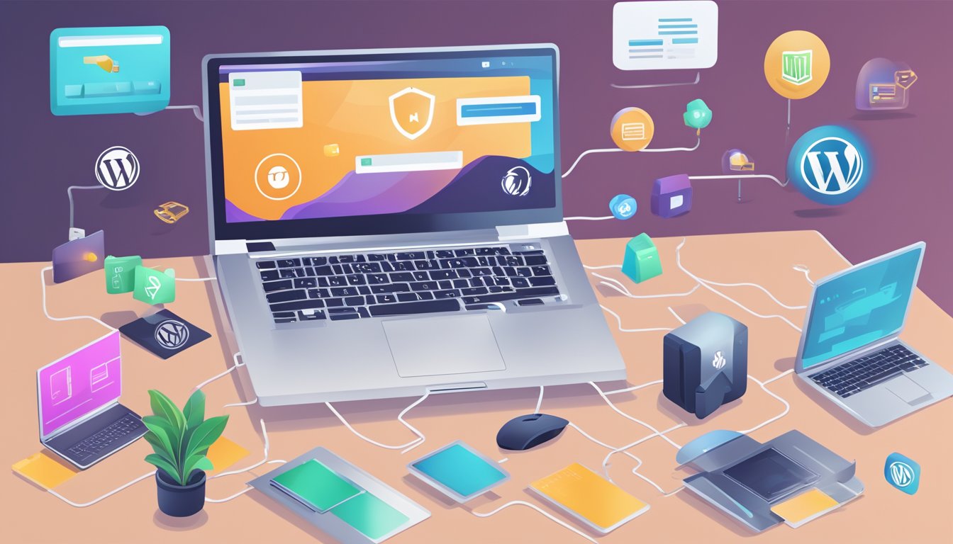 En bærbar datamaskin med et WordPress-nettsted åpent, omringet av forskjellige plugin-ikoner og en musepeker som klikker på en