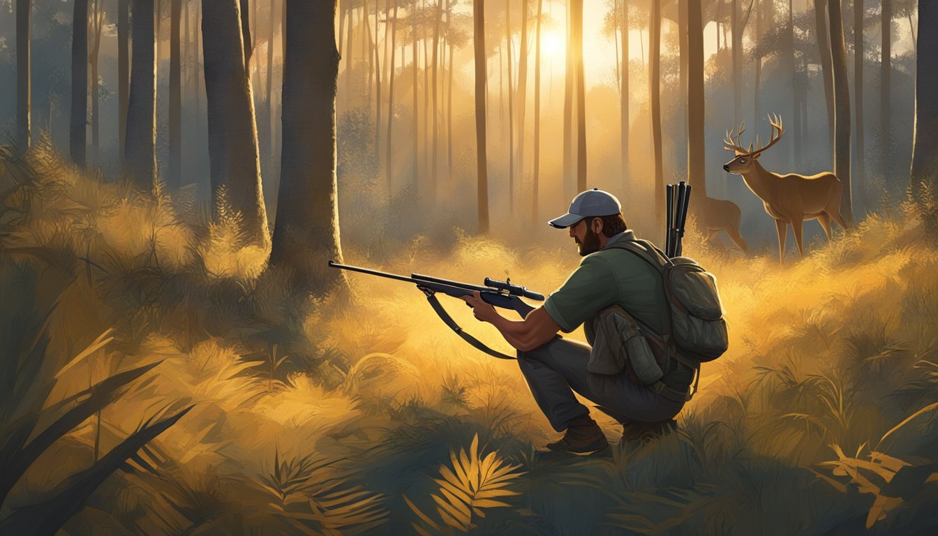 A hunter crouches in the Florida woods, rifle aimed at a majestic deer grazing in the clearing. The golden sun sets behind the trees, casting long shadows