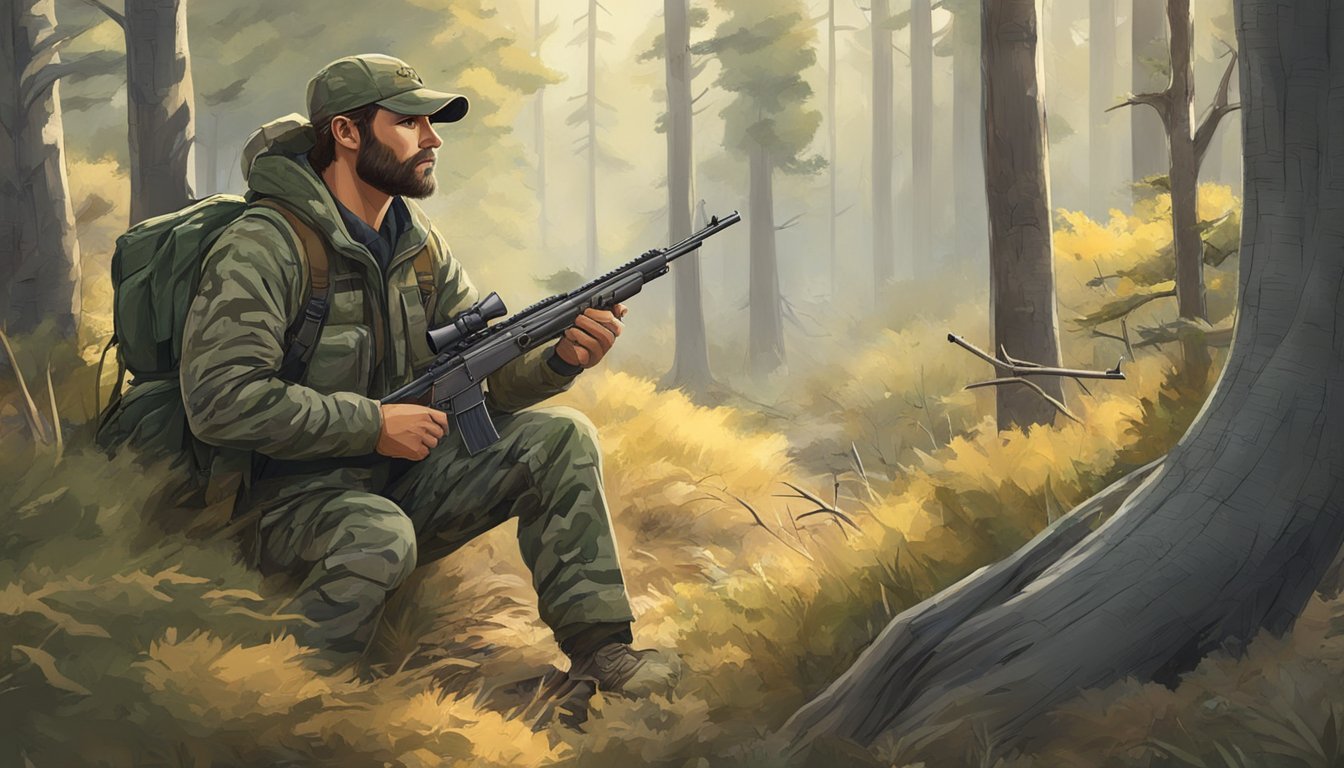 A lone hunter with a rifle, camouflaged in the dense Colorado forest, patiently waits for a deer to emerge from the underbrush