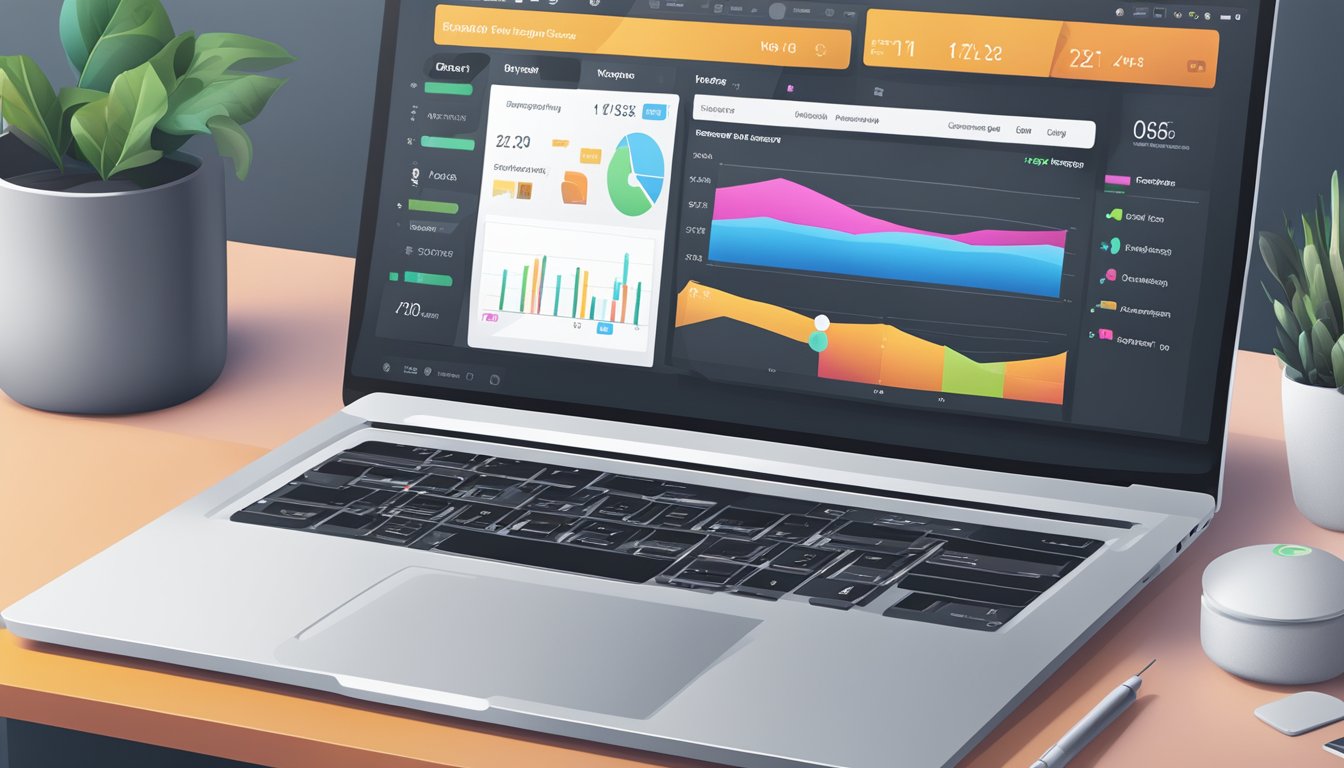 En bærbar datamaskin som viser et WordPress-dashboard med ulike plugin-ikoner og ytelsesmålinger