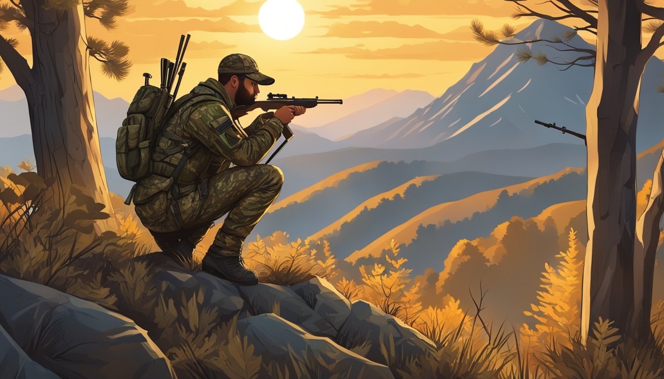 A hunter in camouflage gear crouches behind a tree, bow in hand, scanning the forest for deer. The sun sets behind the mountains, casting a warm glow on the scene