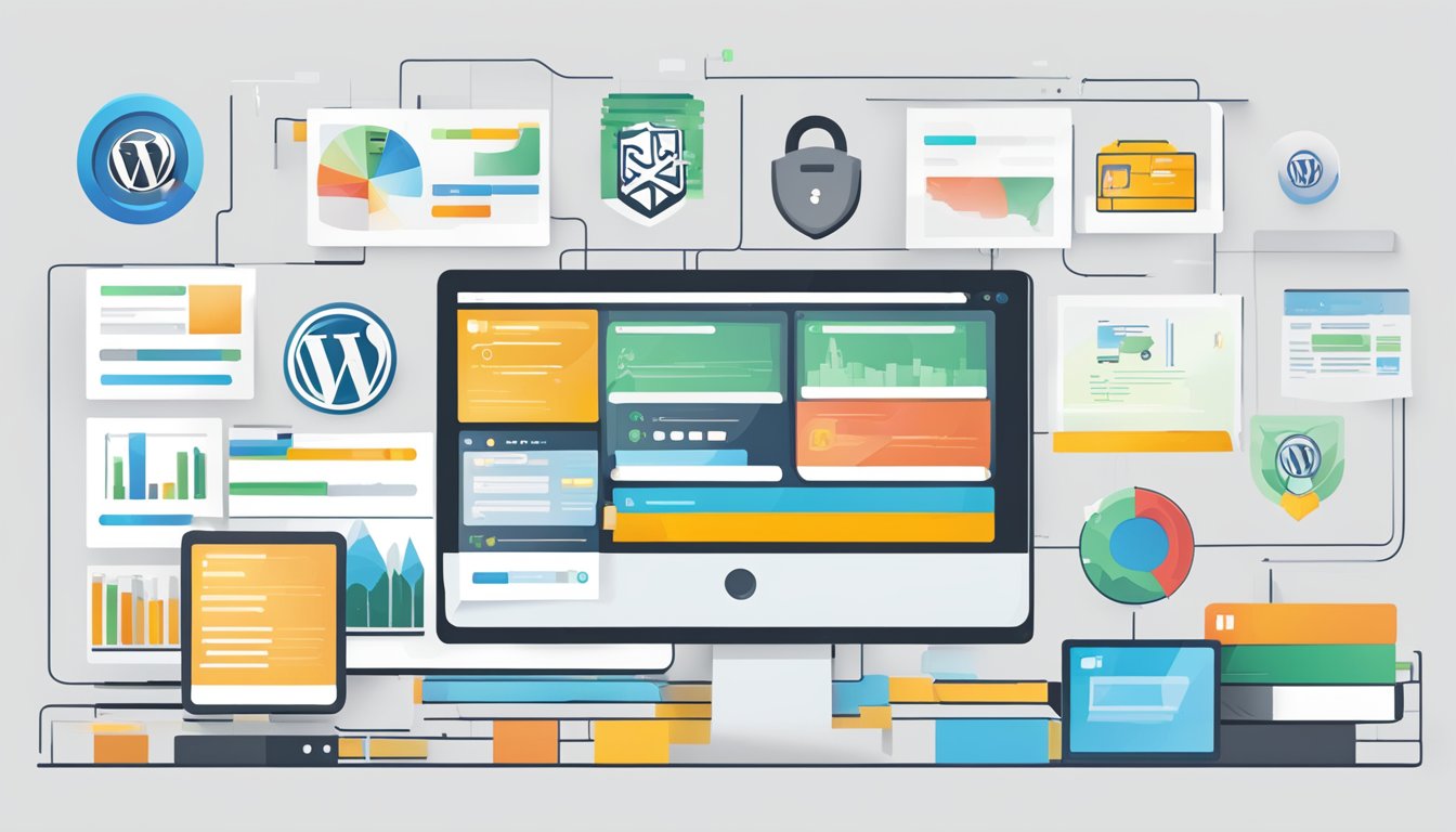 En dataskjerm som viser et WordPress-dashbord med flere sikkerhetsplugins aktivert
