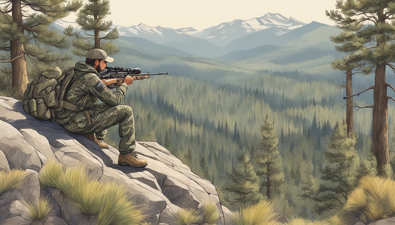 A hunter in camouflage gear crouches behind a rocky outcrop, scanning the Colorado wilderness for deer. The landscape is dotted with pine trees and mountain peaks