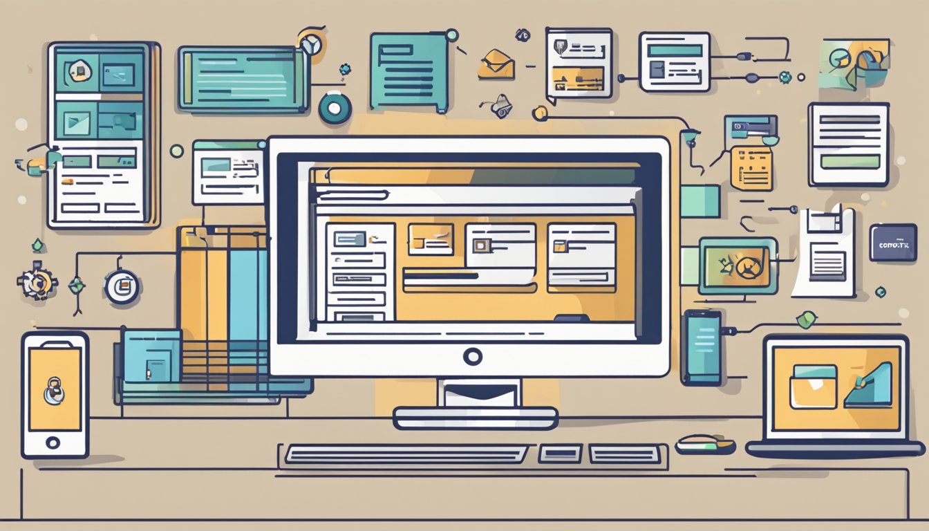 En dataskjerm som viser en WooCommerce-nettside med forskjellige produkter og en utsjekkingsprosess. Ikoner som representerer ulike plugins omgir skjermen.