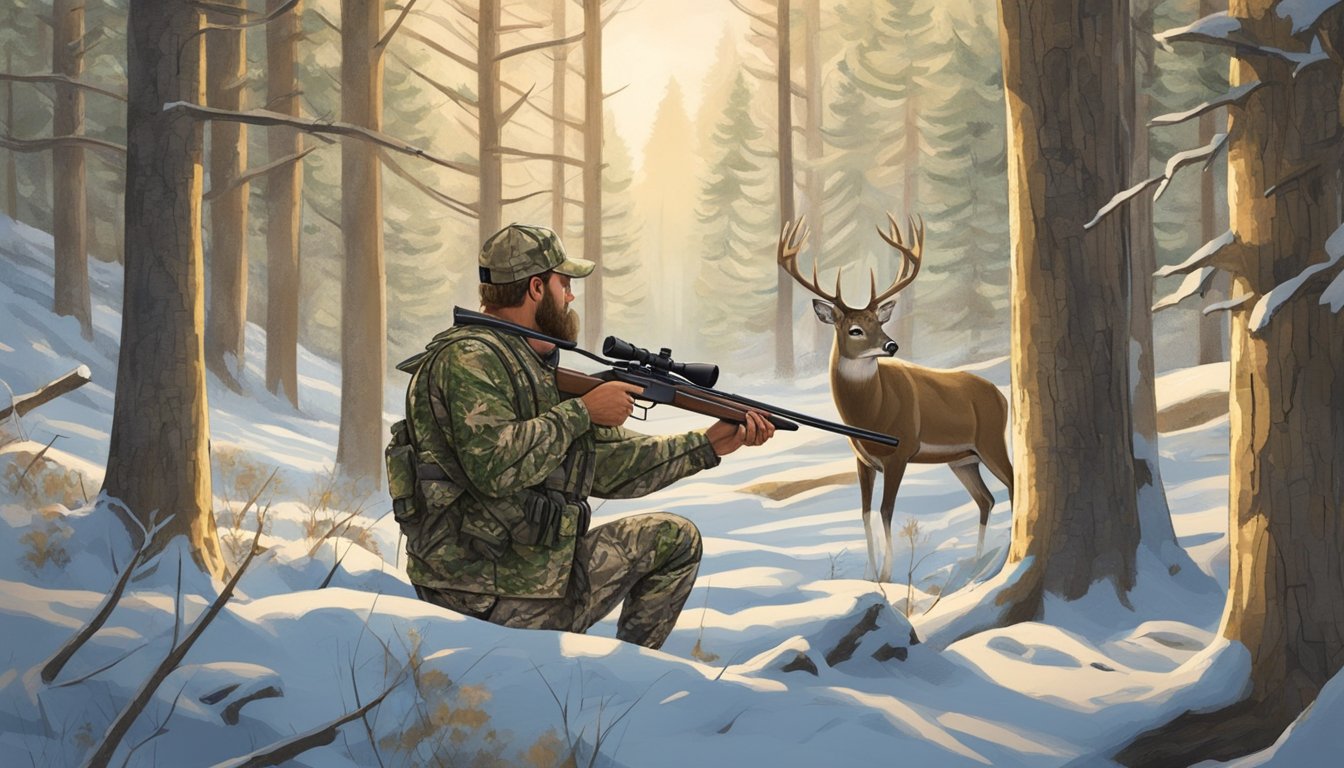 A hunter in camouflage aims a rifle at a majestic buck in a forest clearing during Idaho's deer hunting season