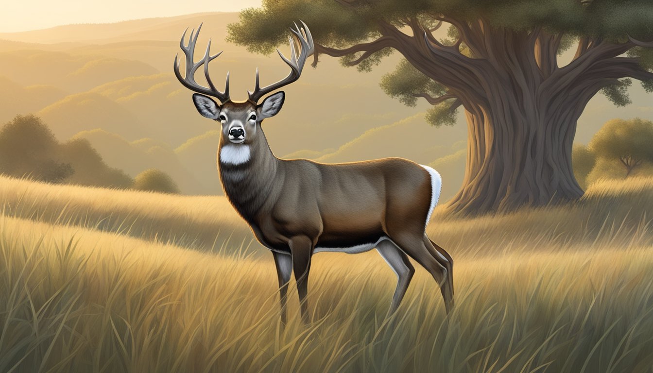 A buck with antlers stands in a grassy meadow surrounded by oak trees and rolling hills in the California wilderness