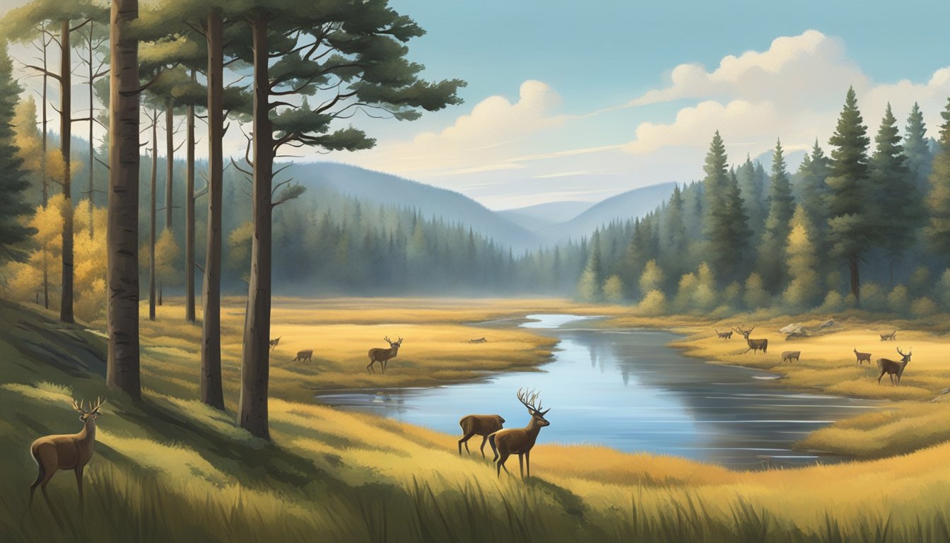 A dense forest with tall pine trees, a flowing river, and open meadows. A herd of deer grazing in the distance while a hunter waits in a camouflaged blind