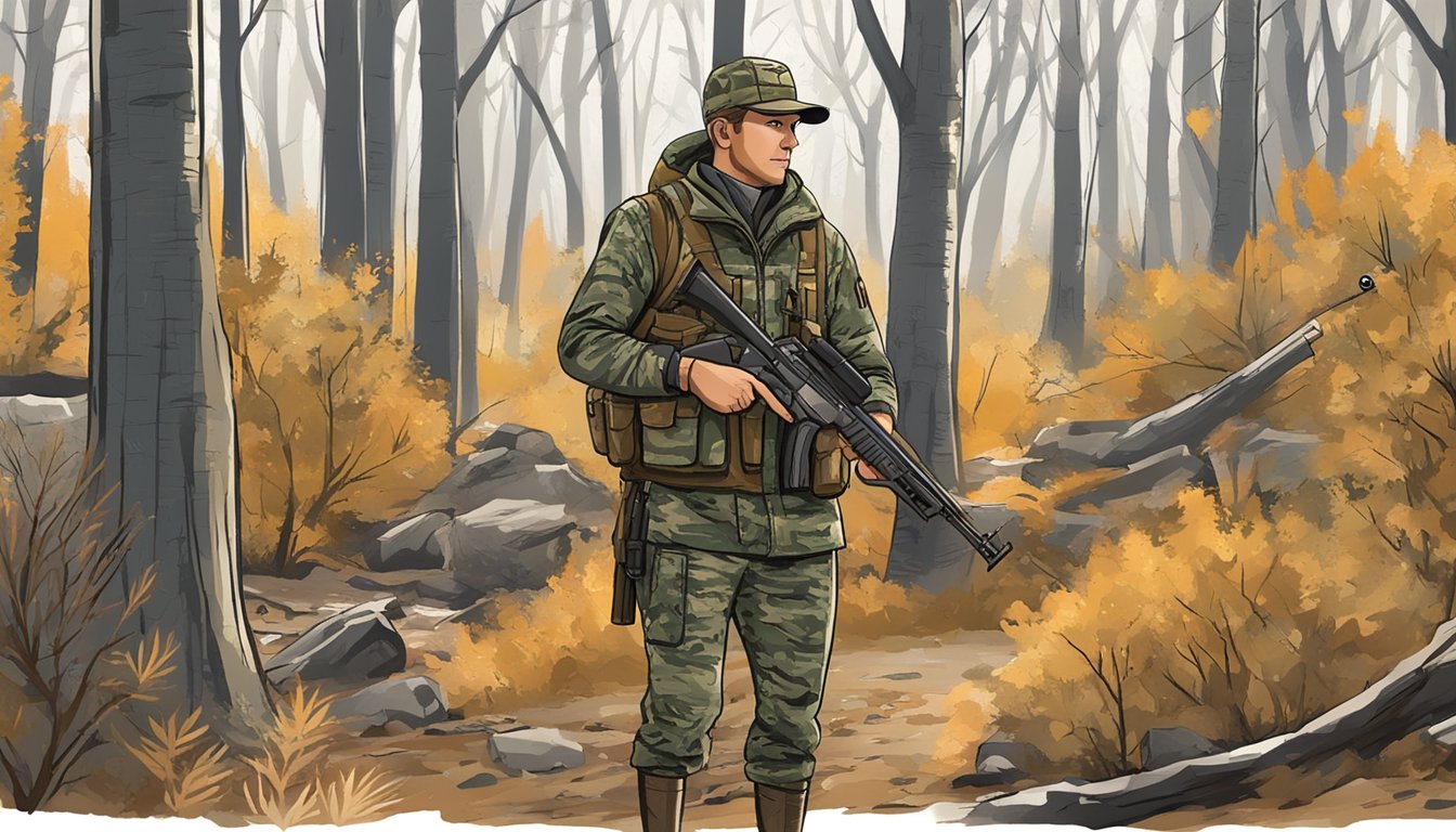 A hunter in camouflage holding a rifle, standing in a wooded area with signs indicating hunting regulations in the District of Columbia