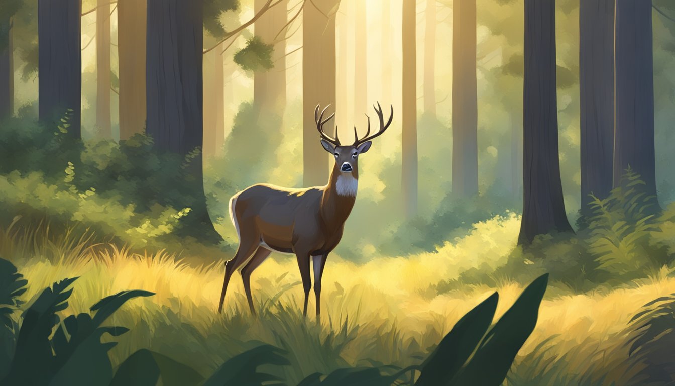 A deer stands alert in a sun-dappled California forest, surrounded by lush greenery and dappled sunlight. The scene is peaceful, with opportunities for wildlife game