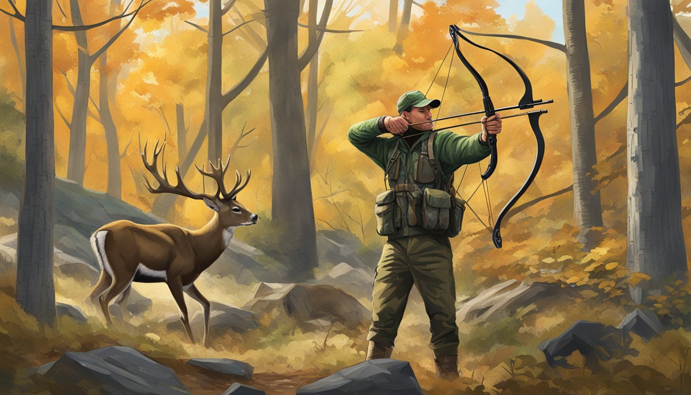 A hunter aiming a bow at a deer in a wooded area in the District of Columbia