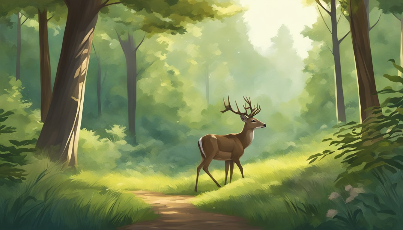 A deer grazing peacefully in a forest clearing, surrounded by trees and lush vegetation