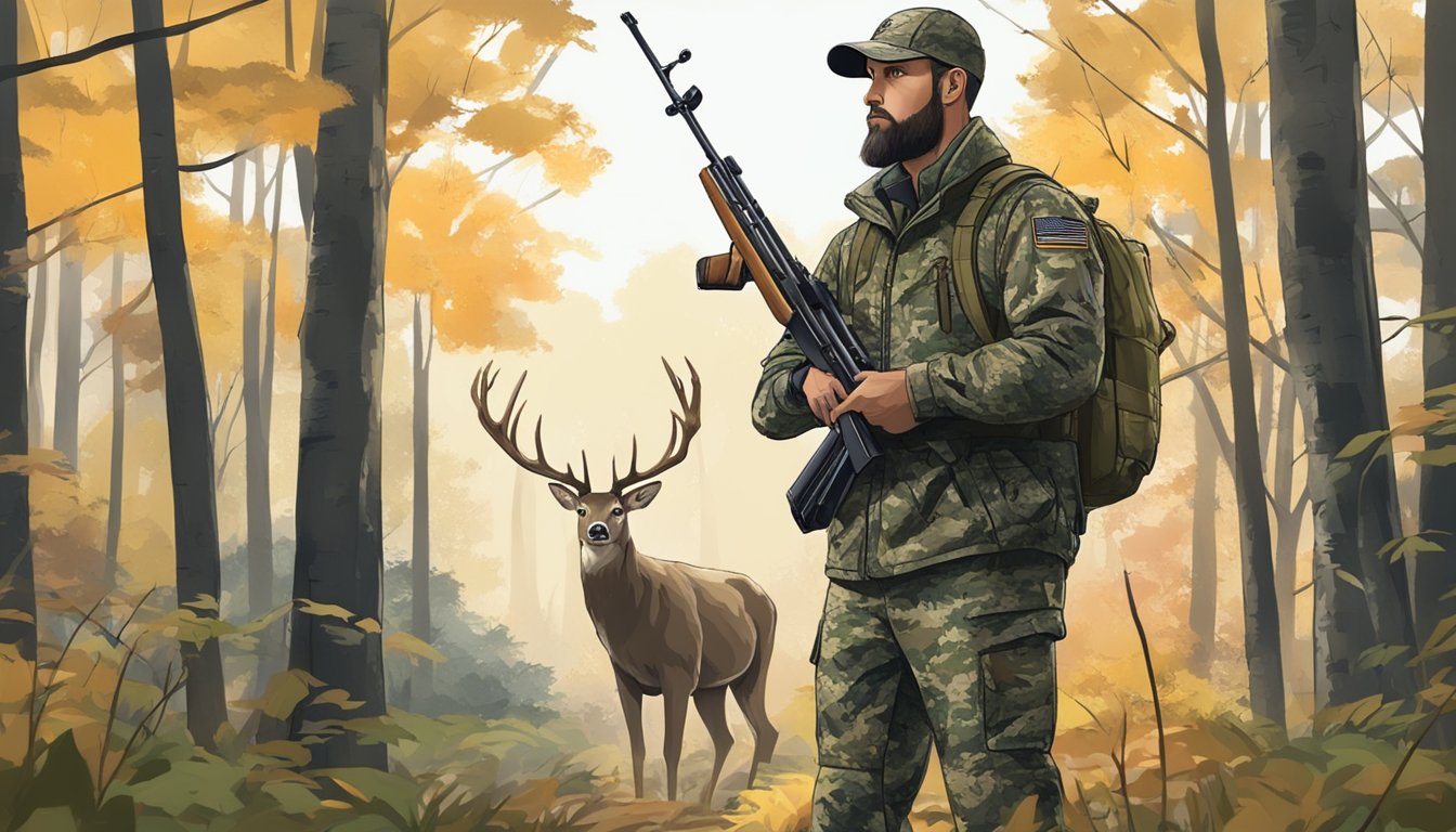 A hunter in camouflage gear and a rifle, standing in a wooded area with a deer in the distance